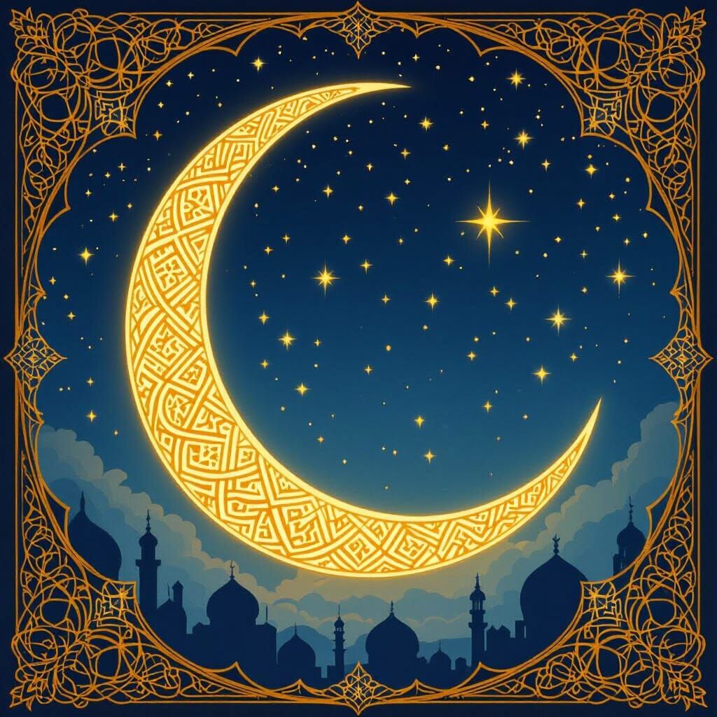 Ramadan Crescent Moon with Islamic Patterns