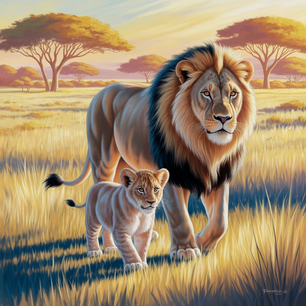 Golden Lion Family in Serene Pastel Oil Painting