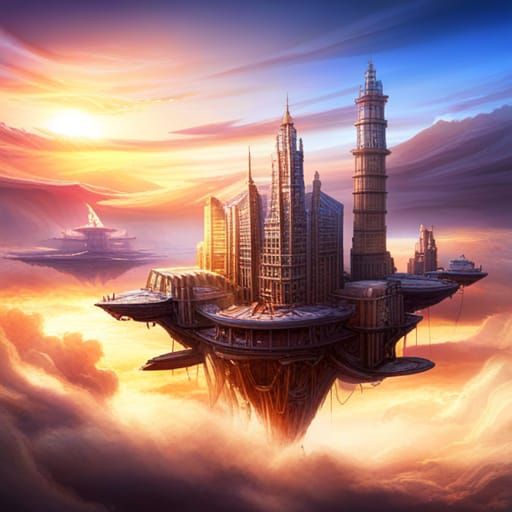 Bustling Cloud Port with Airships, Fantasy Concept Art