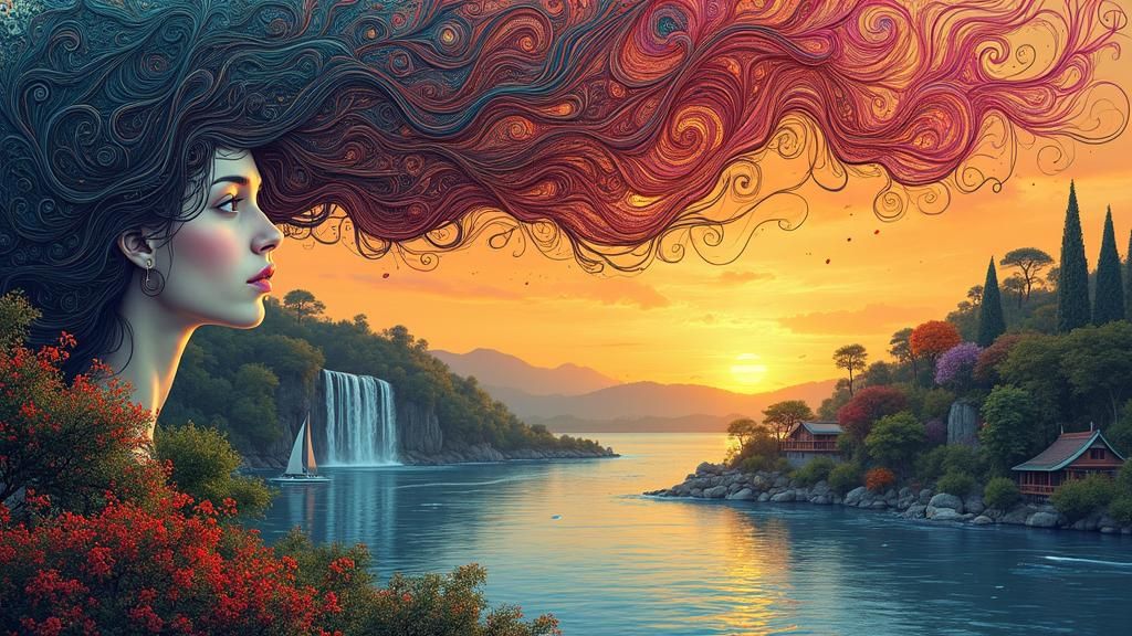 Dreamlike Valley Sunset in Art Brut Style