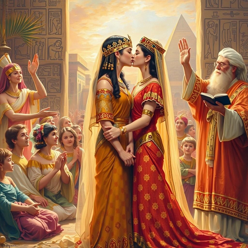 Mesopotamian wedding: The two brides are kissing, sealing the deal