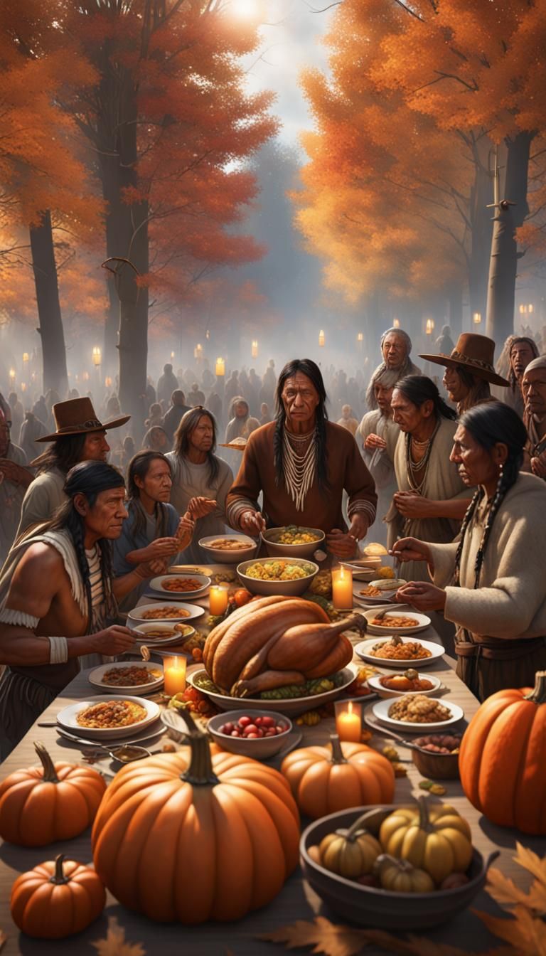 Thanksgiving Feast: Native Americans and Pilgrims in Surreal...