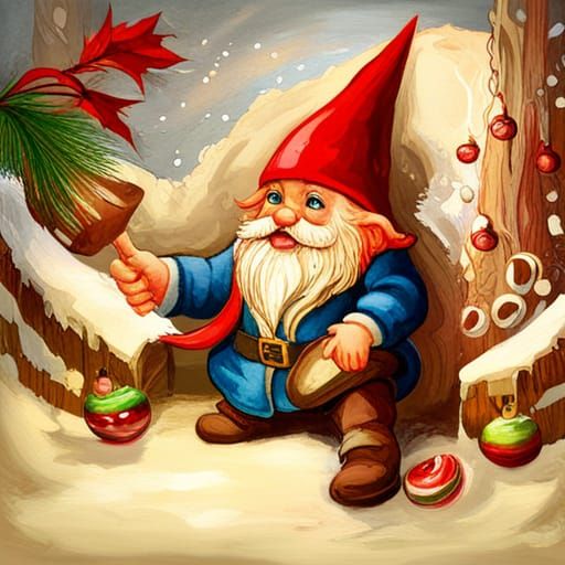 Vintage Christmas Gnome Watercolor Chromolithograph