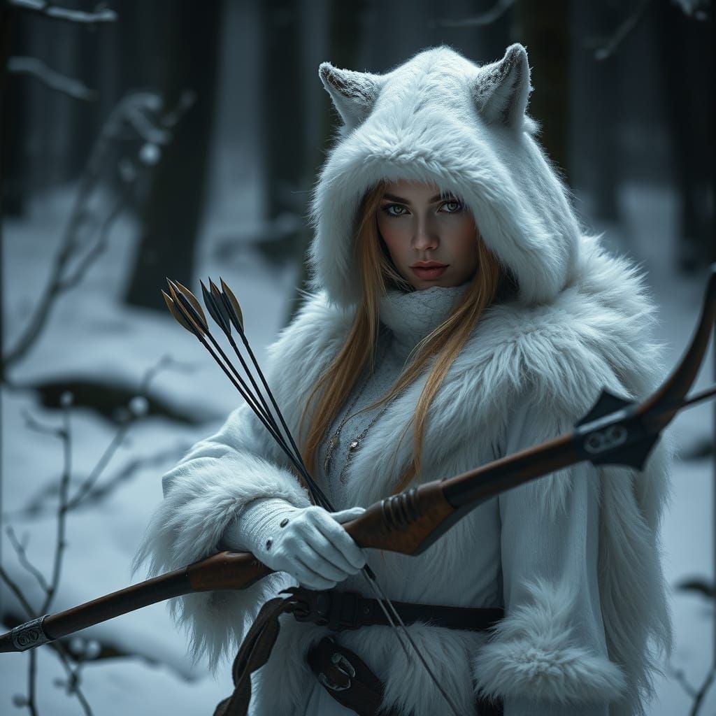 Wolf Skin Hunter Stands Guard in Dark Forest