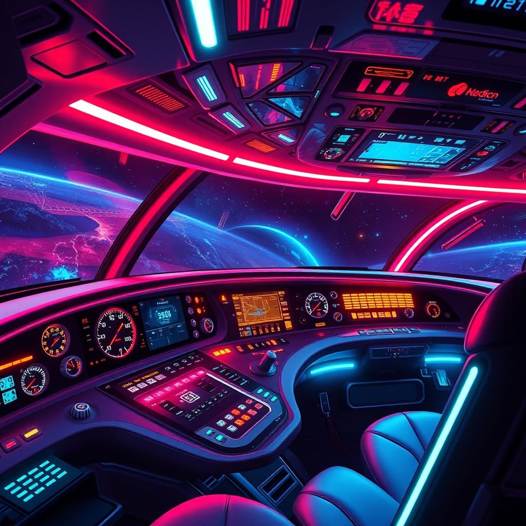 Retro-Futuristic Spaceship Cockpit in Synthwave Style