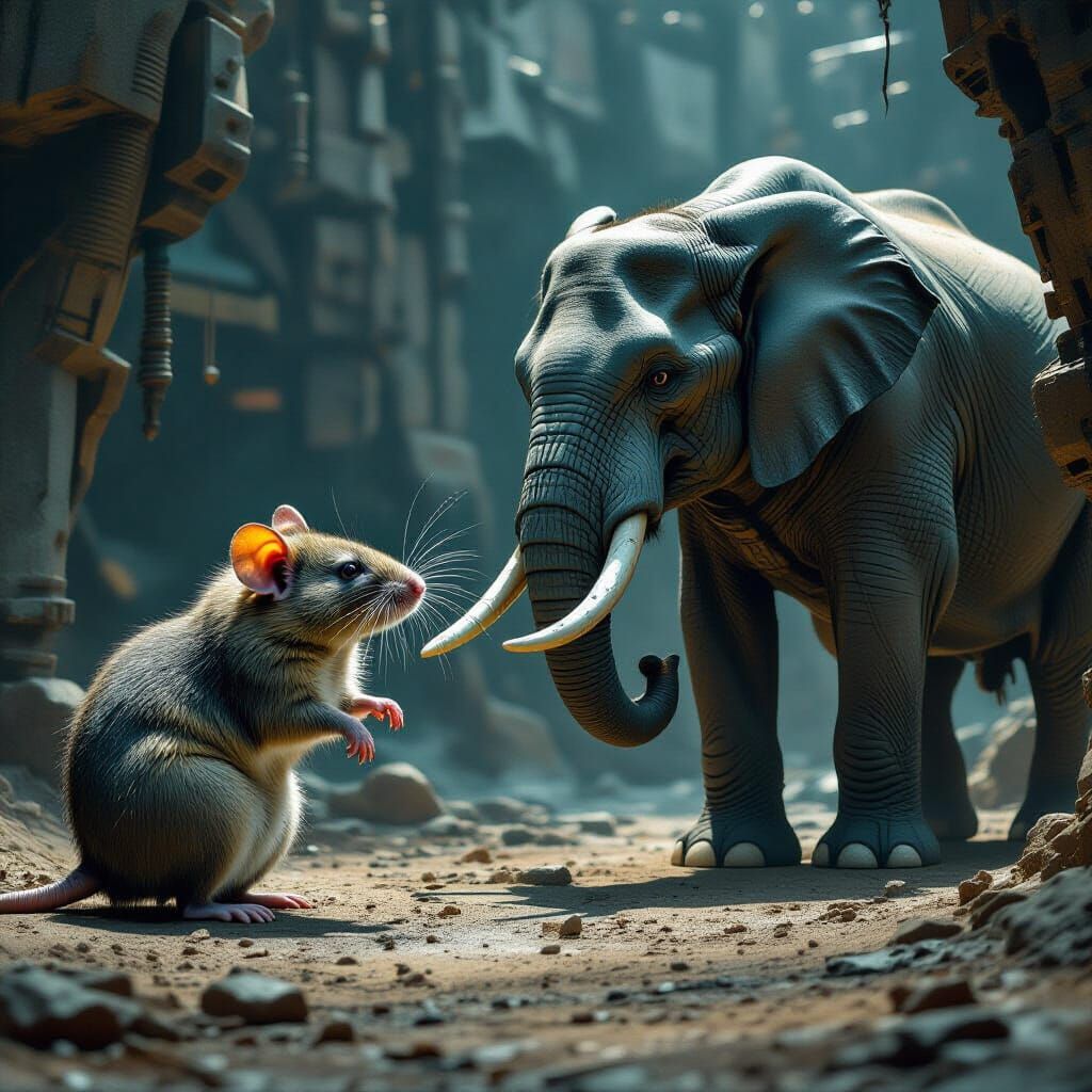 Rat and Elephant Clash in Gritty Cinematic Landscape