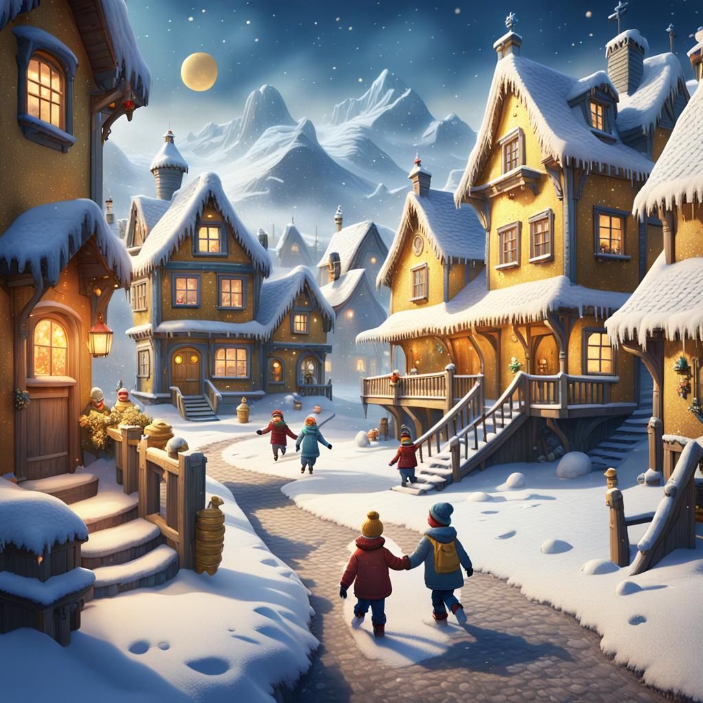 Children Playing in Snowy Village: Fantasy Concept Art