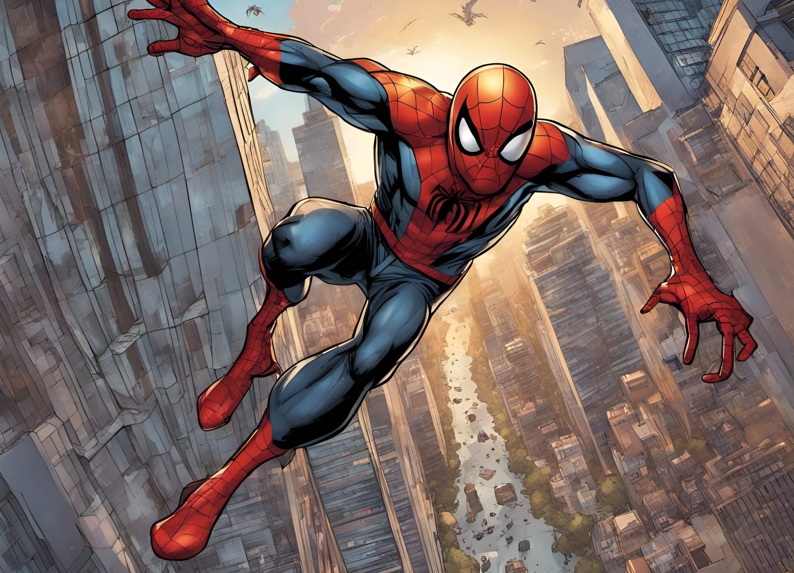 Spider-Man Soaring Through City: Comic Book Art