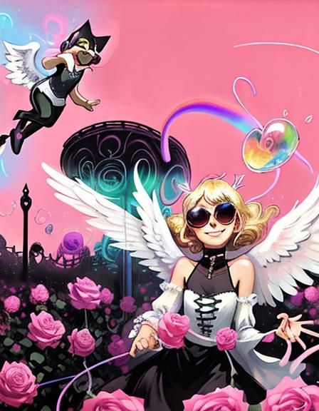 Winged Cat in Mystical Garden: Ethereal Fantasy Art