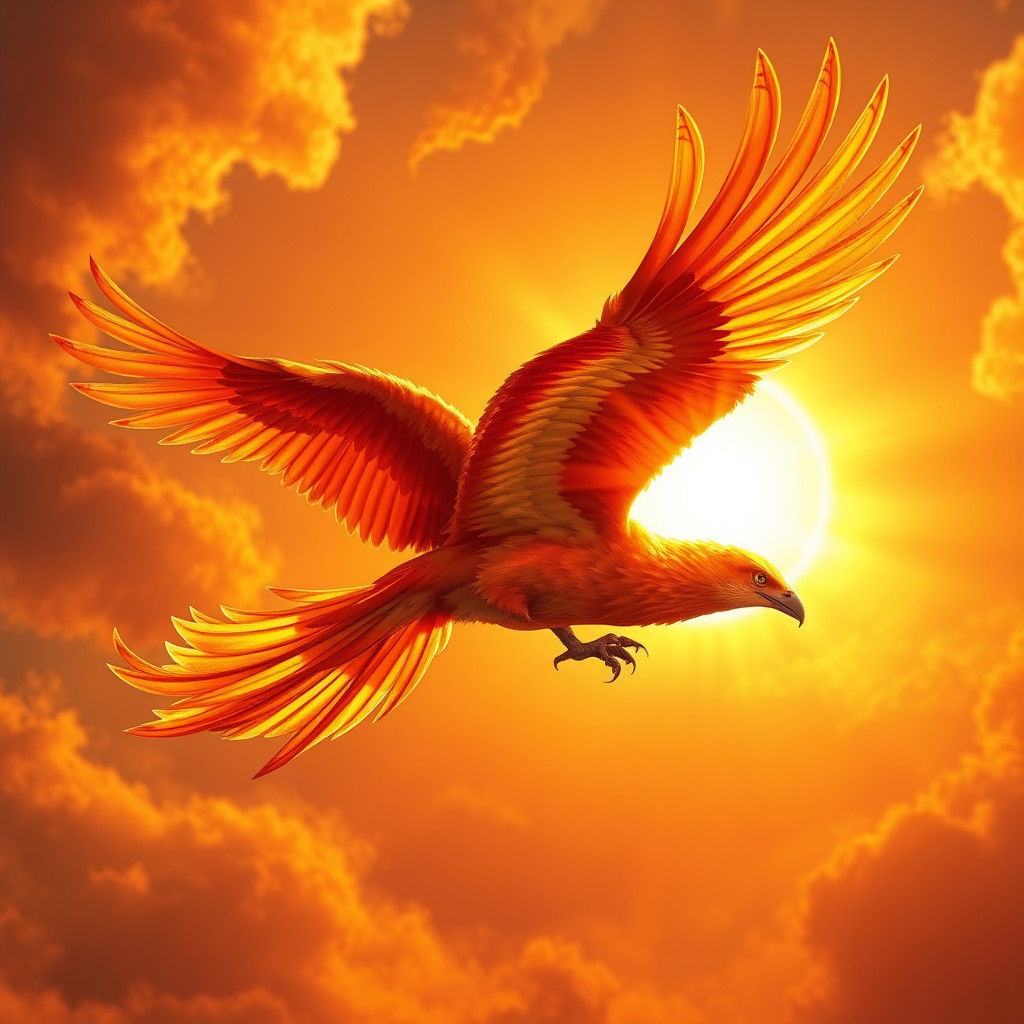 Majestic Phoenix Soaring Through Fiery Sky
