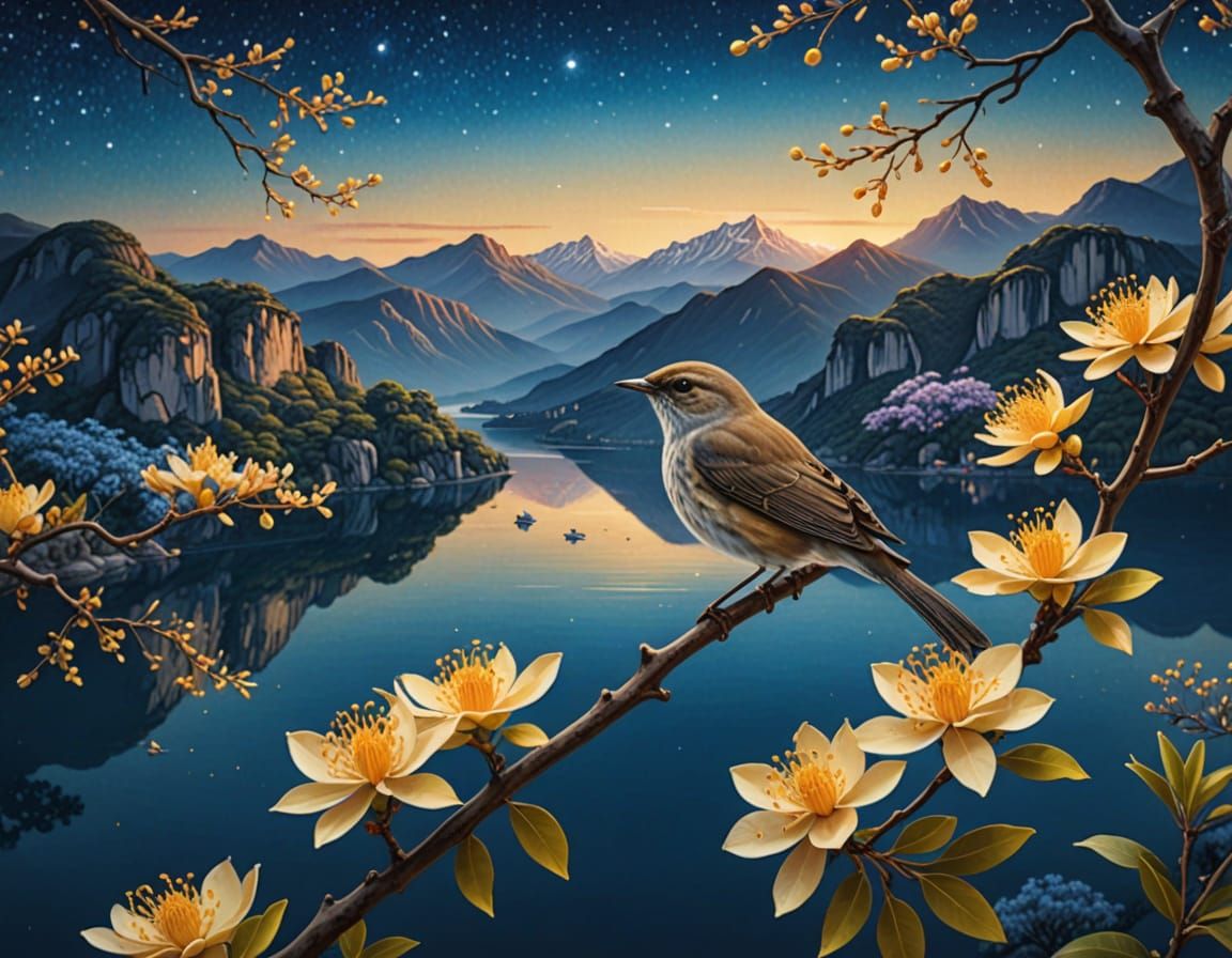 Nightingale on Sapphire Lake: Vibrant Oil Painting