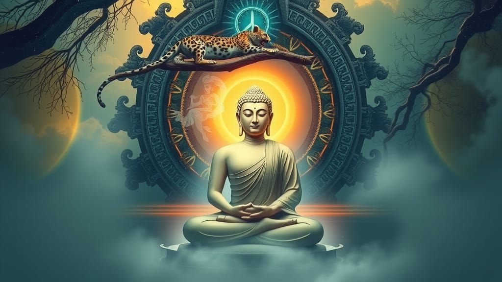 Buddha in Mystical Light with Peace Sign and Nebulae