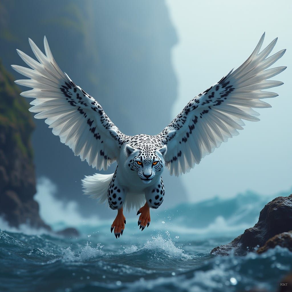 Flying Griffin with Snow Leopard and Puffin Features soars o...