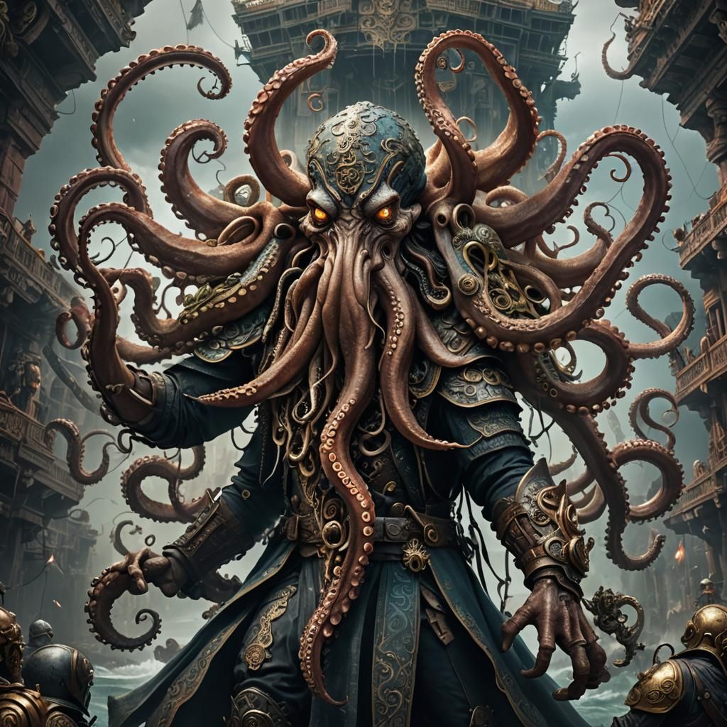 Intricate Octopus Warrior in Digital Matte Painting