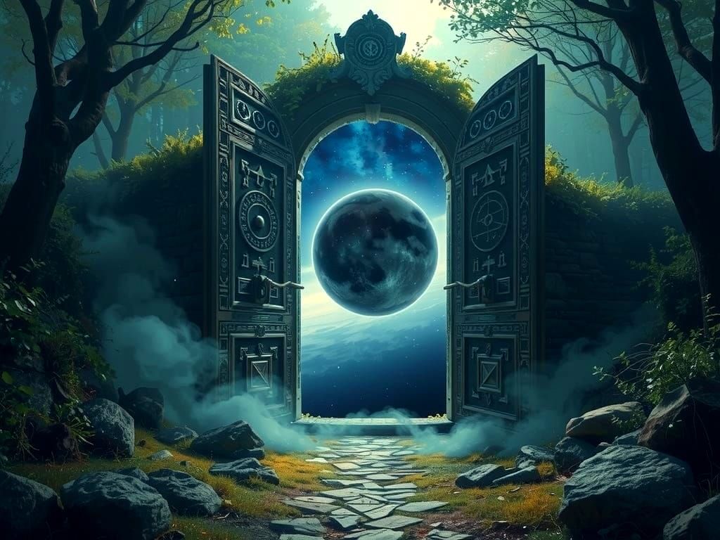 Celestial Portal in Forest: Surreal Digital Art