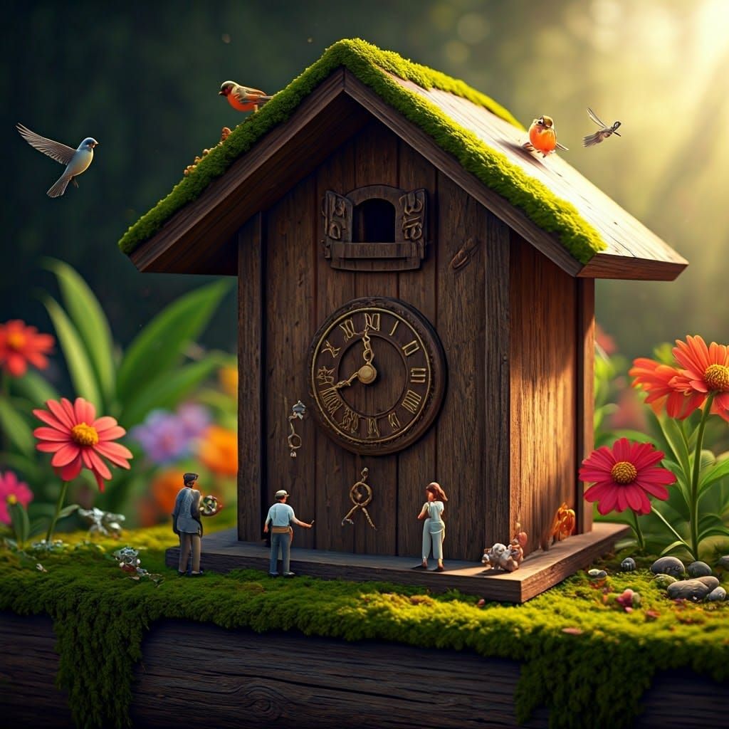 Miniature people by a cuckoo clock