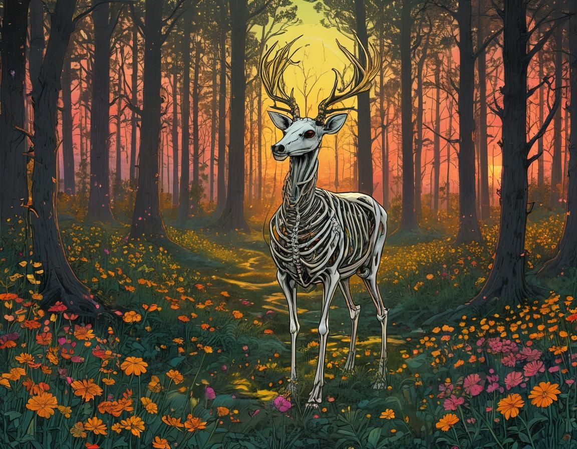 Skeleton Stag with Golden Halo in Neon Forest