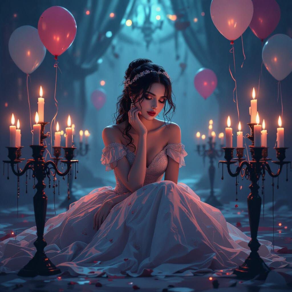 Melancholic Woman at Deserted Party in Neon Noir