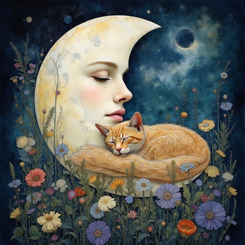 a Cat sleeping on the moon