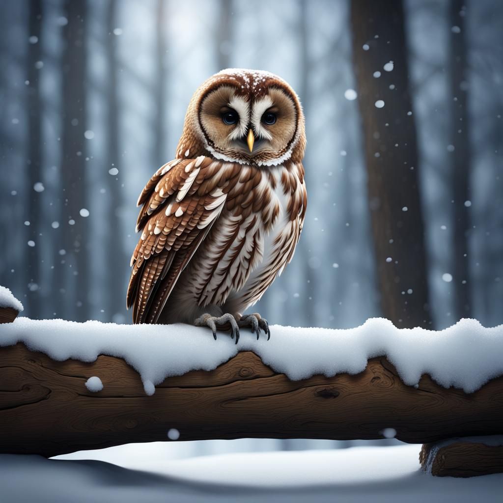 Tawny Owl Portrait in Winter Landscape