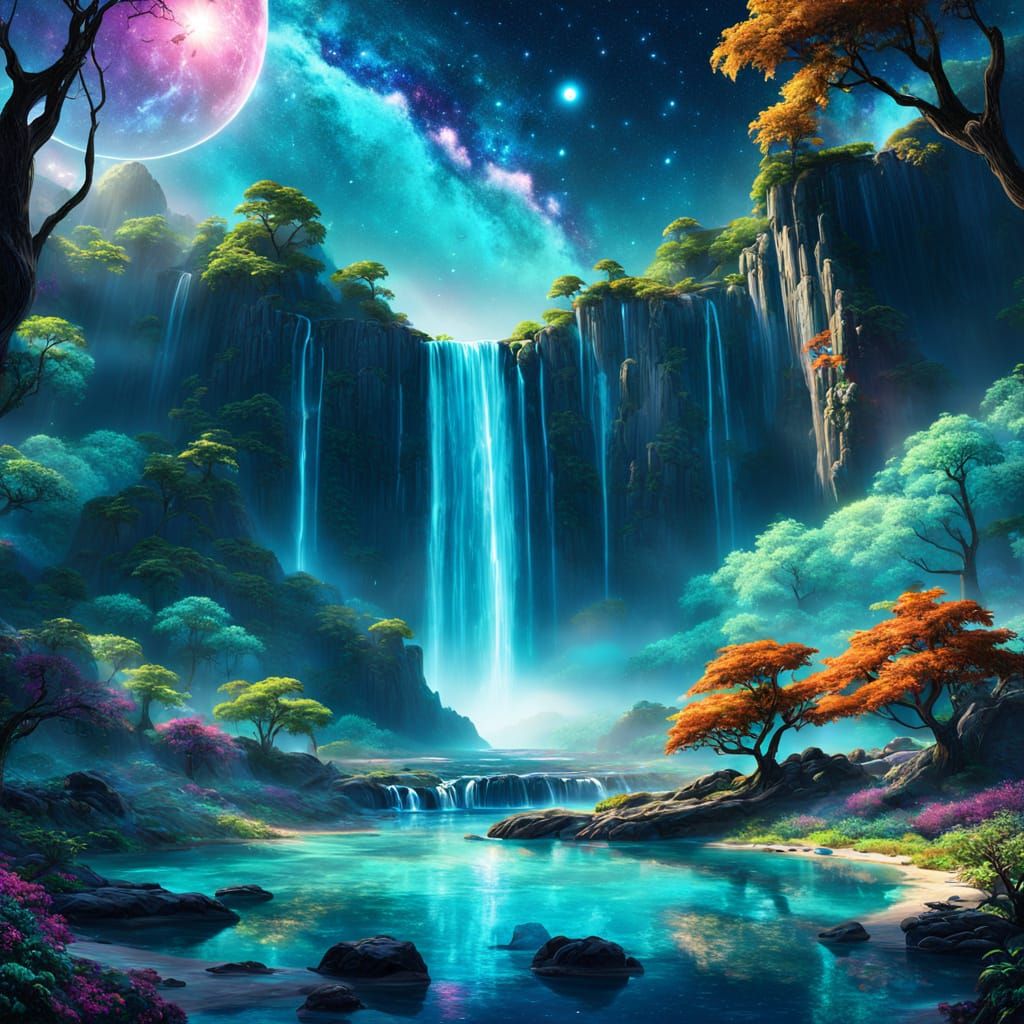 Cosmic Waterfall in a Fantasy Landscape
