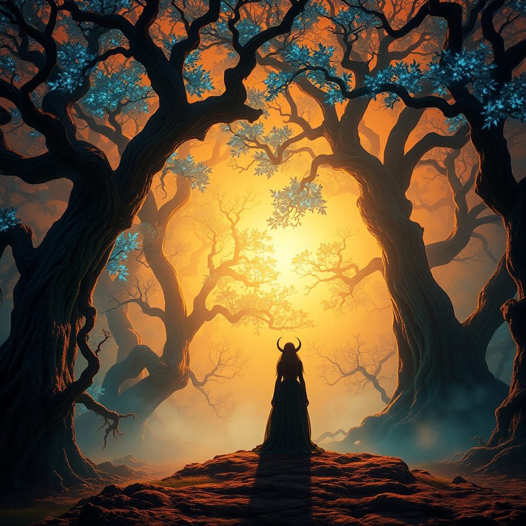 Sorceress at Dusk in a Vibrant, Electric Blue Forest