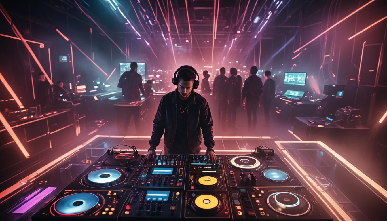 Futuristic DJ in Neon-Lit Cyberpunk Nightclub