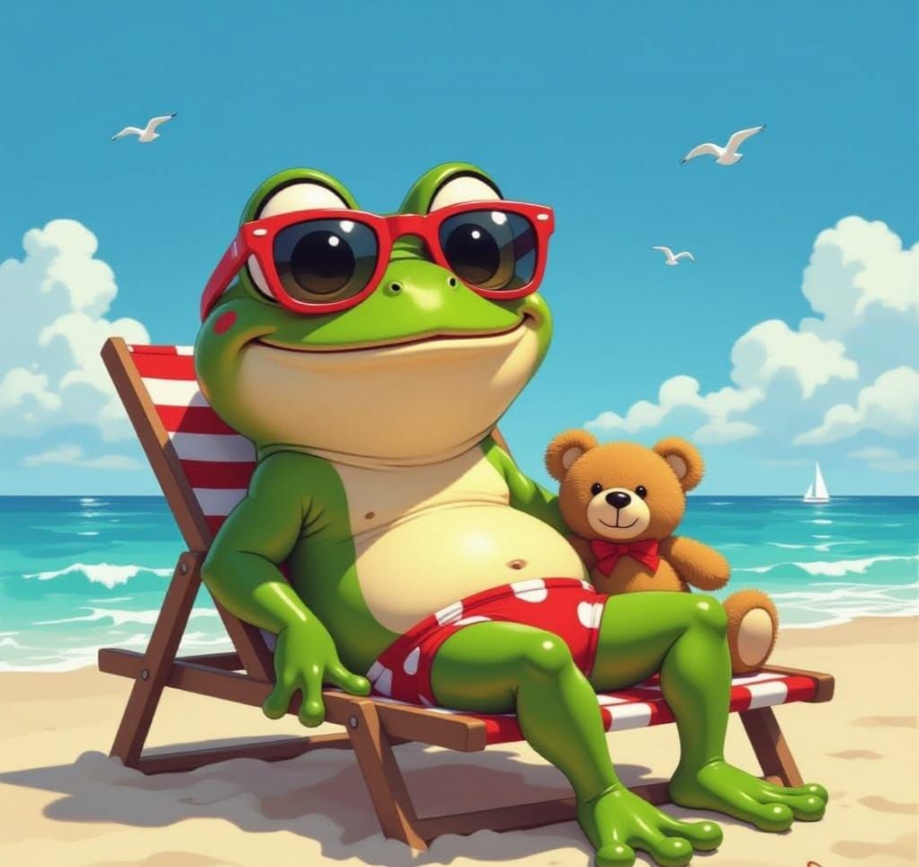 Funny Frog and Teddy Relaxing on Beach