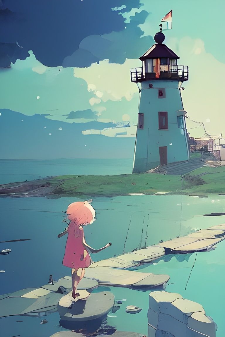 Children Playing at Lighthouse, Ghibli-Inspired Digital Art