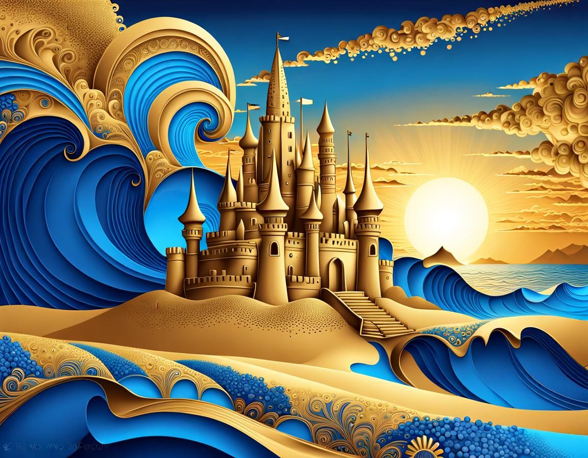 Magical Gold and Blue Sandcastle at Sunset