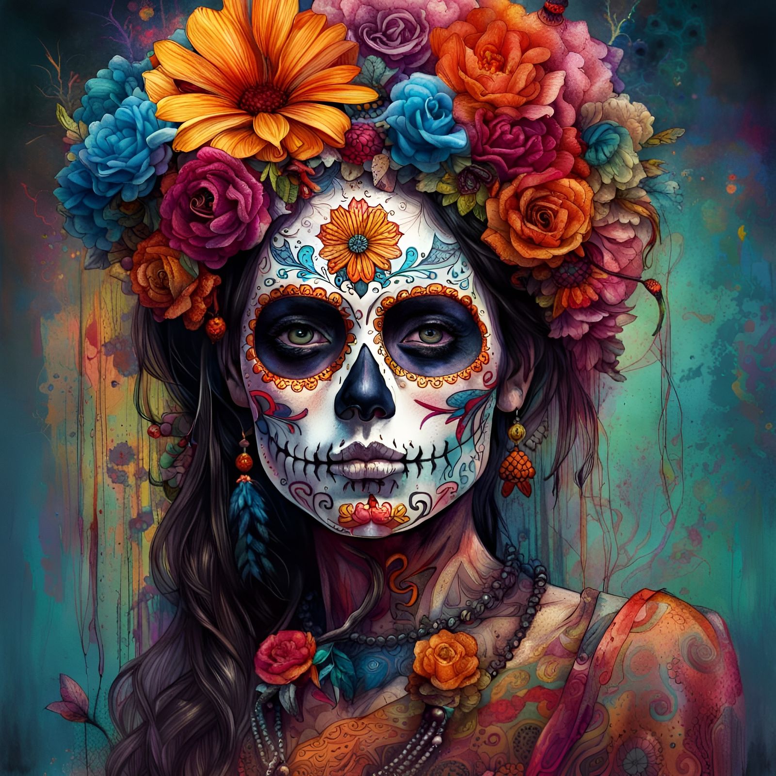 Día de los Muertos Portrait in Vibrant Colors