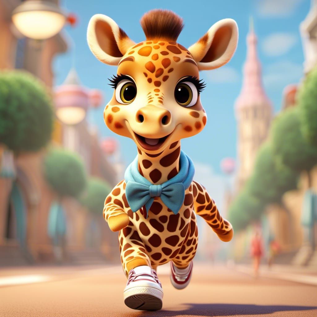 Cute Giraffe Jogging: 3D Digital Art in Chibi Style