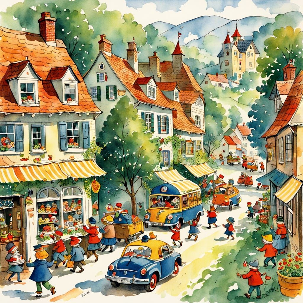 Charming Village Market in Watercolour Style