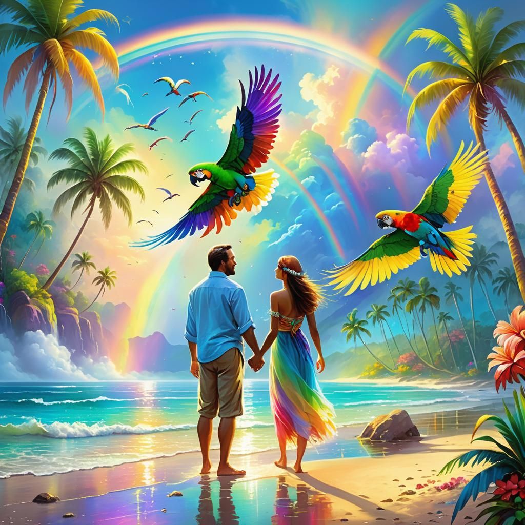 Ethereal Fantasy Beach Scene with Rainbow and Parrots