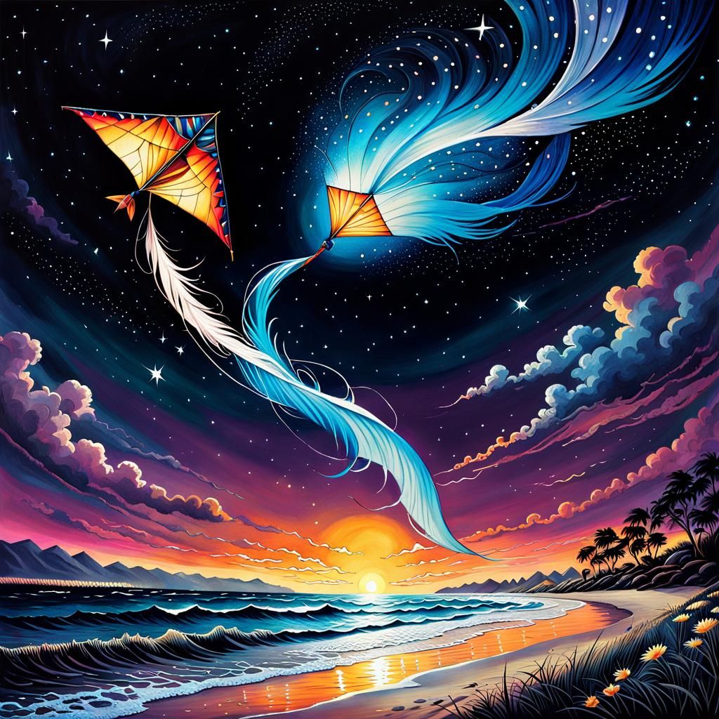 Iridescent Kite Ouroboros in Windy Night Sky