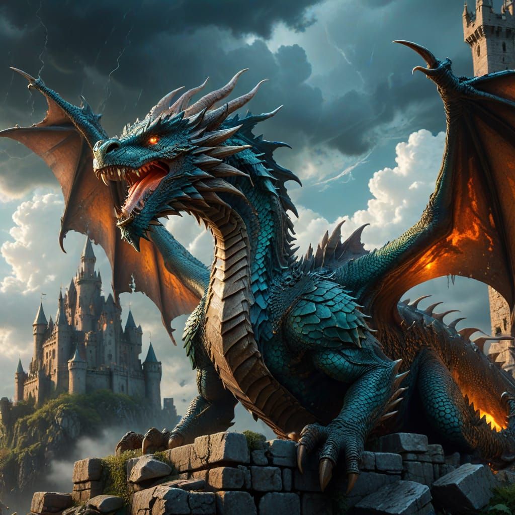 Majestic Dragon Over Castle Ruins in Stormy Sky