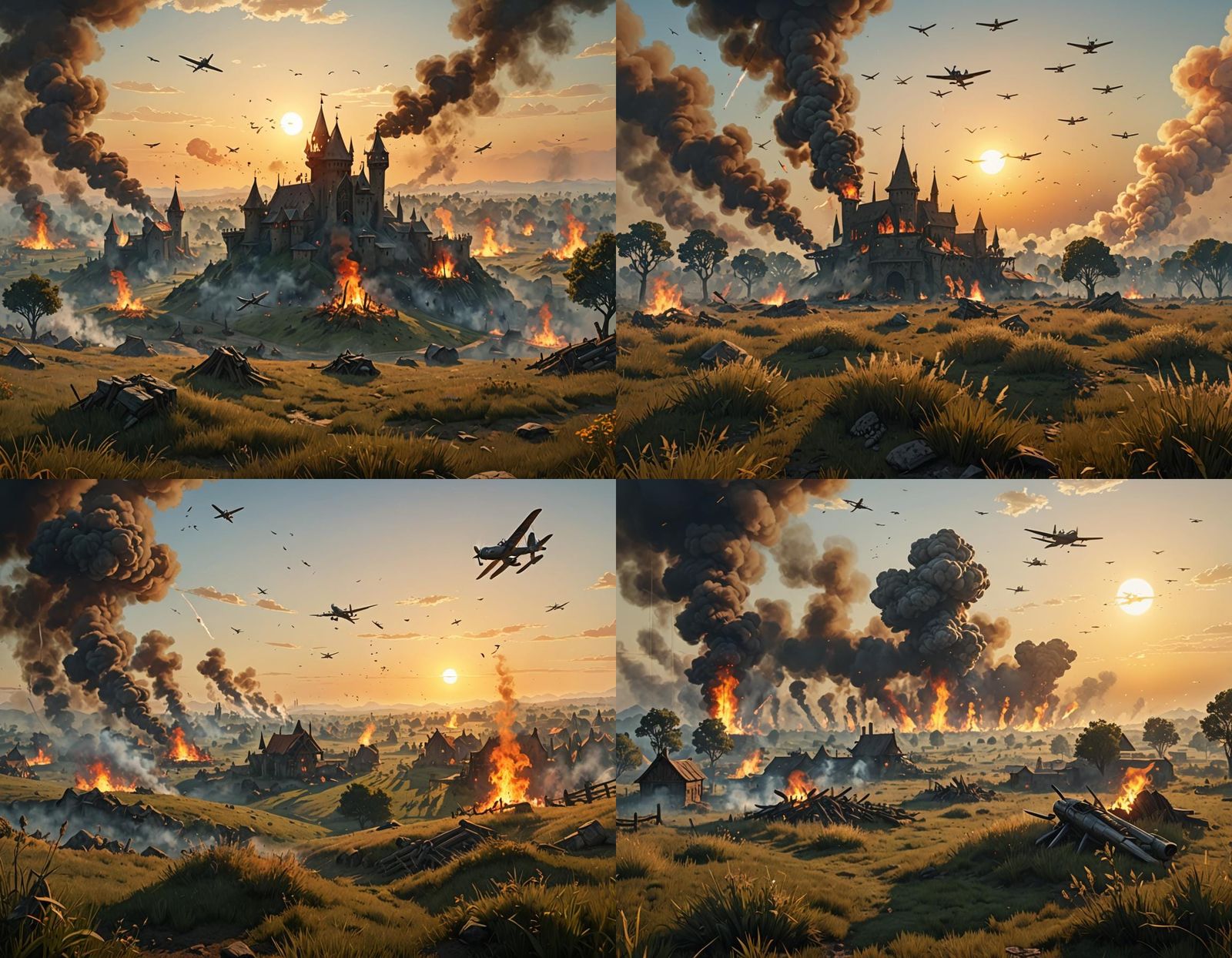 Medieval Landscape Ablaze at Dawn