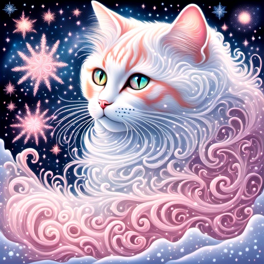 Glittering Tabby Cat in Snowy Nebula Landscape
