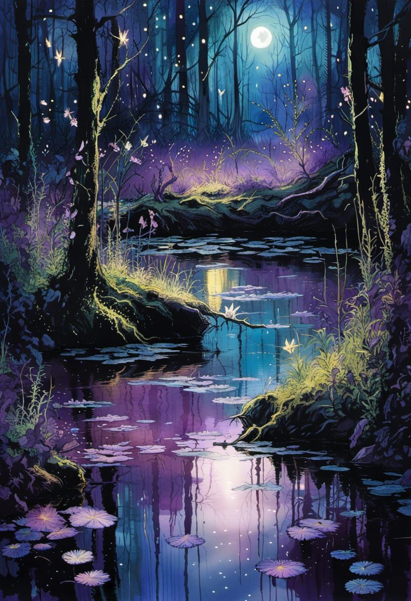 Surreal Night Pond Reflecting Woods in Abstract Expressionis...