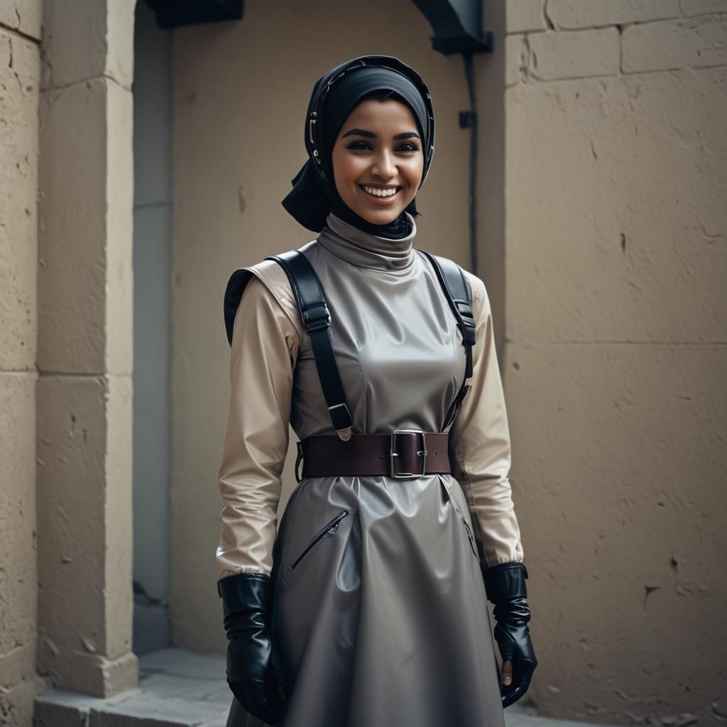Cinematic Film Still of Muslim Girl in PVC Dress