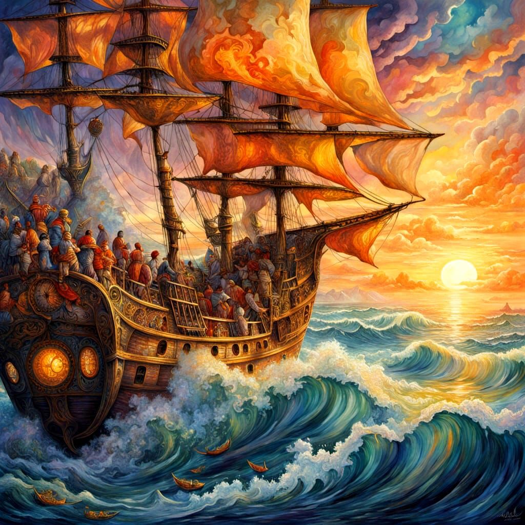 Pirates Raise Gingham Sails in Whimsical Sunset Scene
