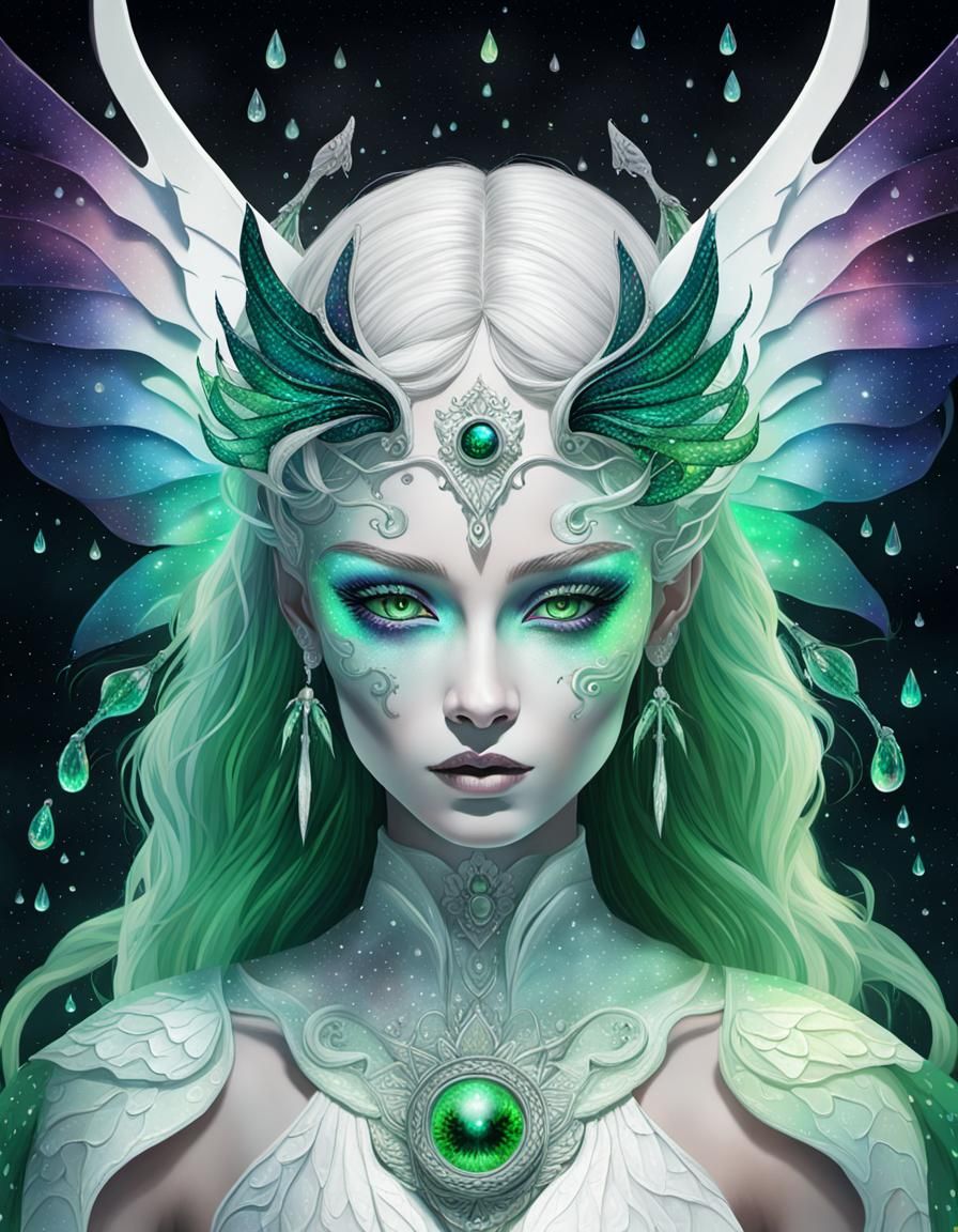 Cosmic Snake Goddess with Bat Wings in Mixed Media