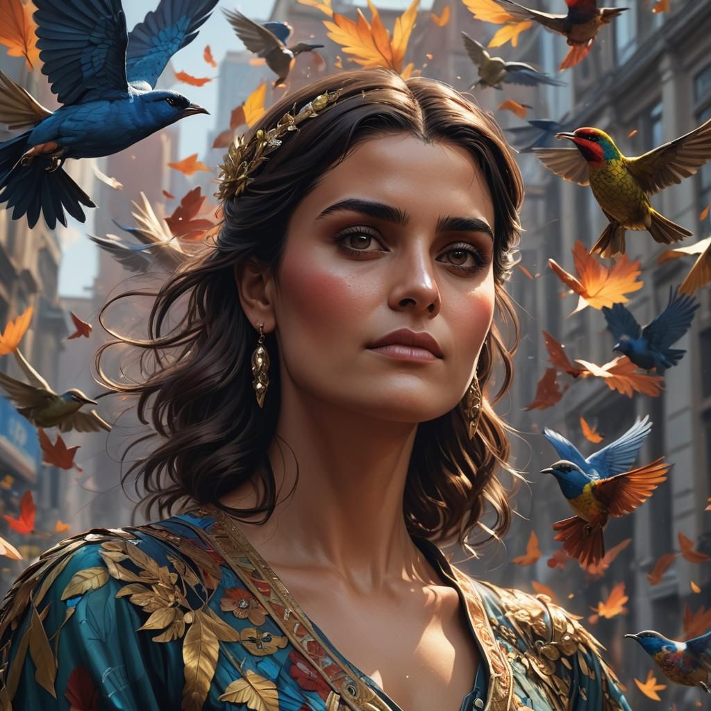 Brunette Woman as Bird in Art Nouveau Style