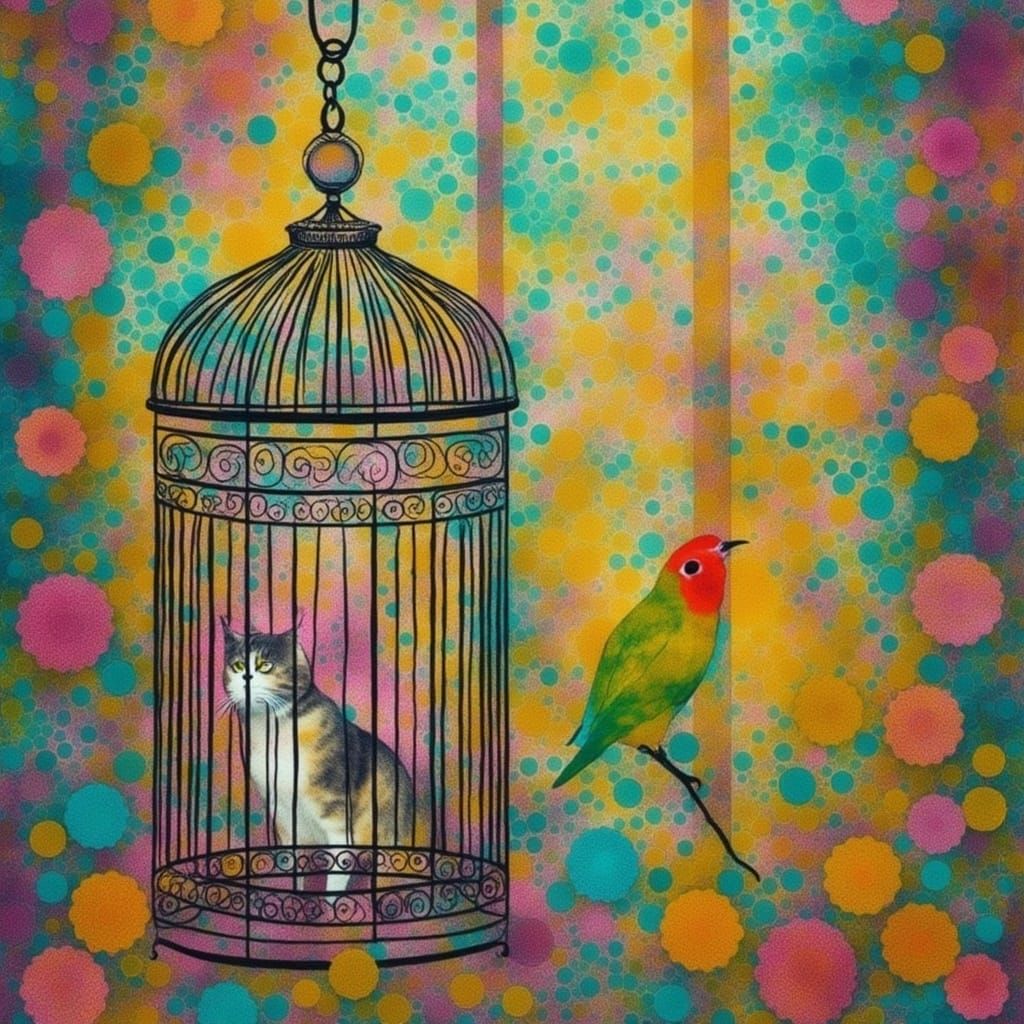 Cat and Bird in Cage, Naive Art Style