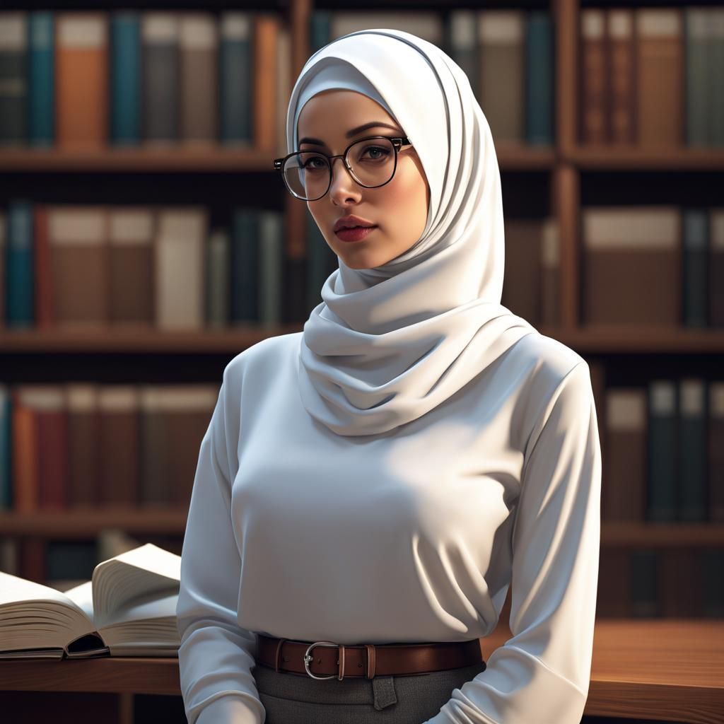 Hijabi Librarian in Library: Digital Art Portrait