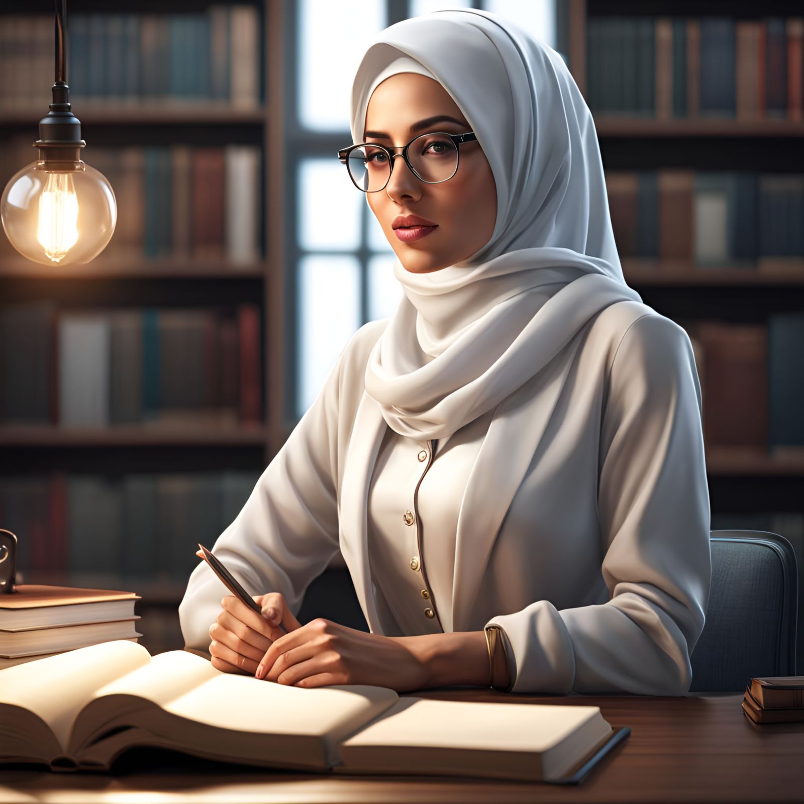 Hijabi Librarian Portrait in Digital Art Style