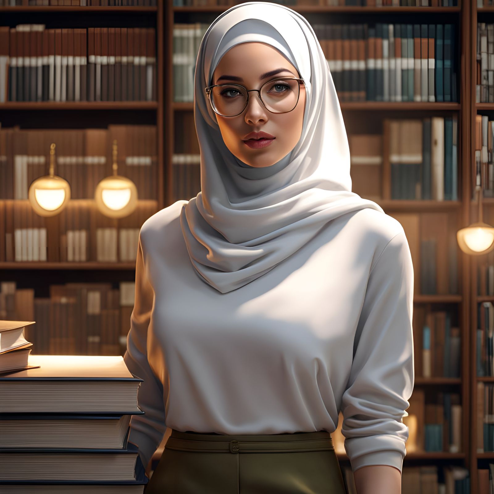 Gorgeous Hijabi Librarian in Library, Digital Art