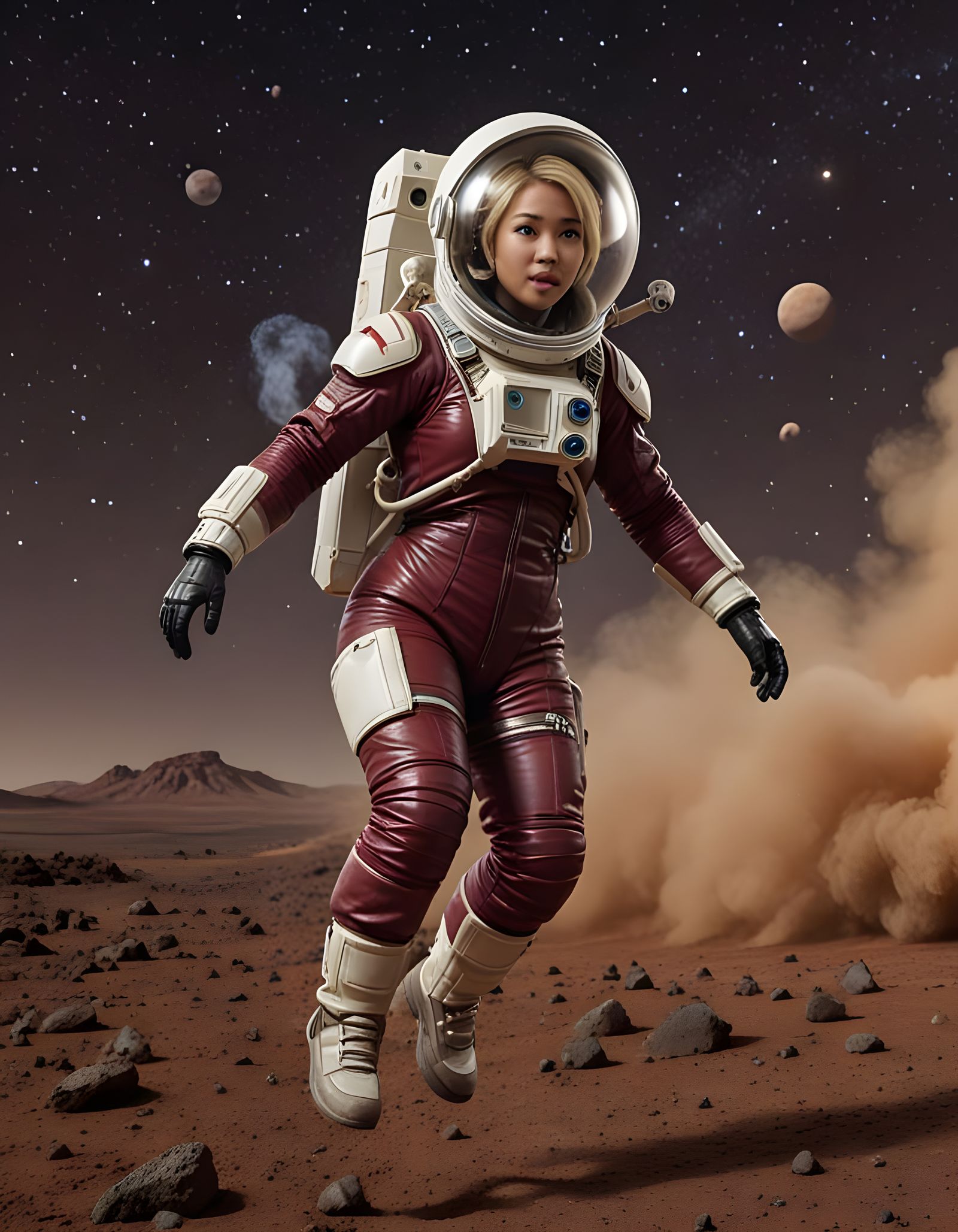 Breathtaking Blonde Astronaut Escaping Martian Storm in Burg...