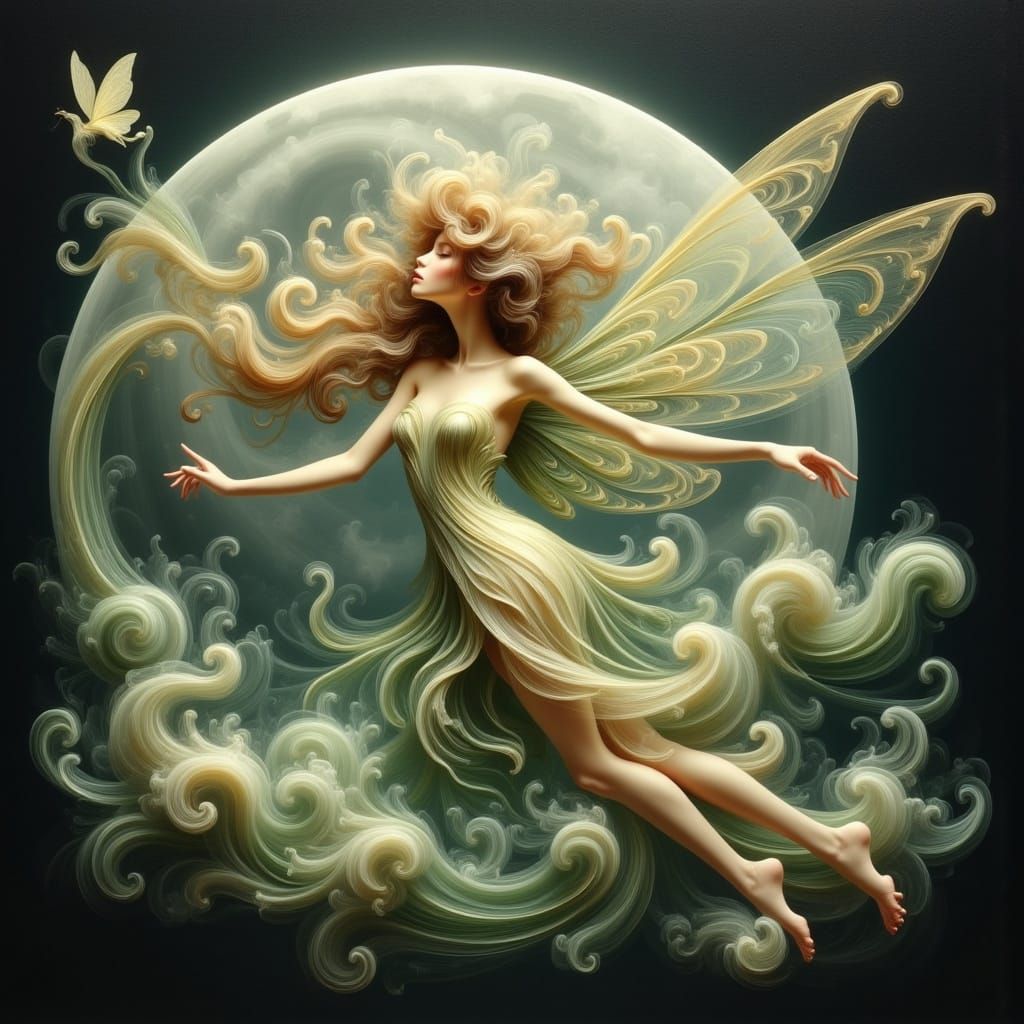 Tinkerbell Flying to the Moon in Ethereal Fantasy Style