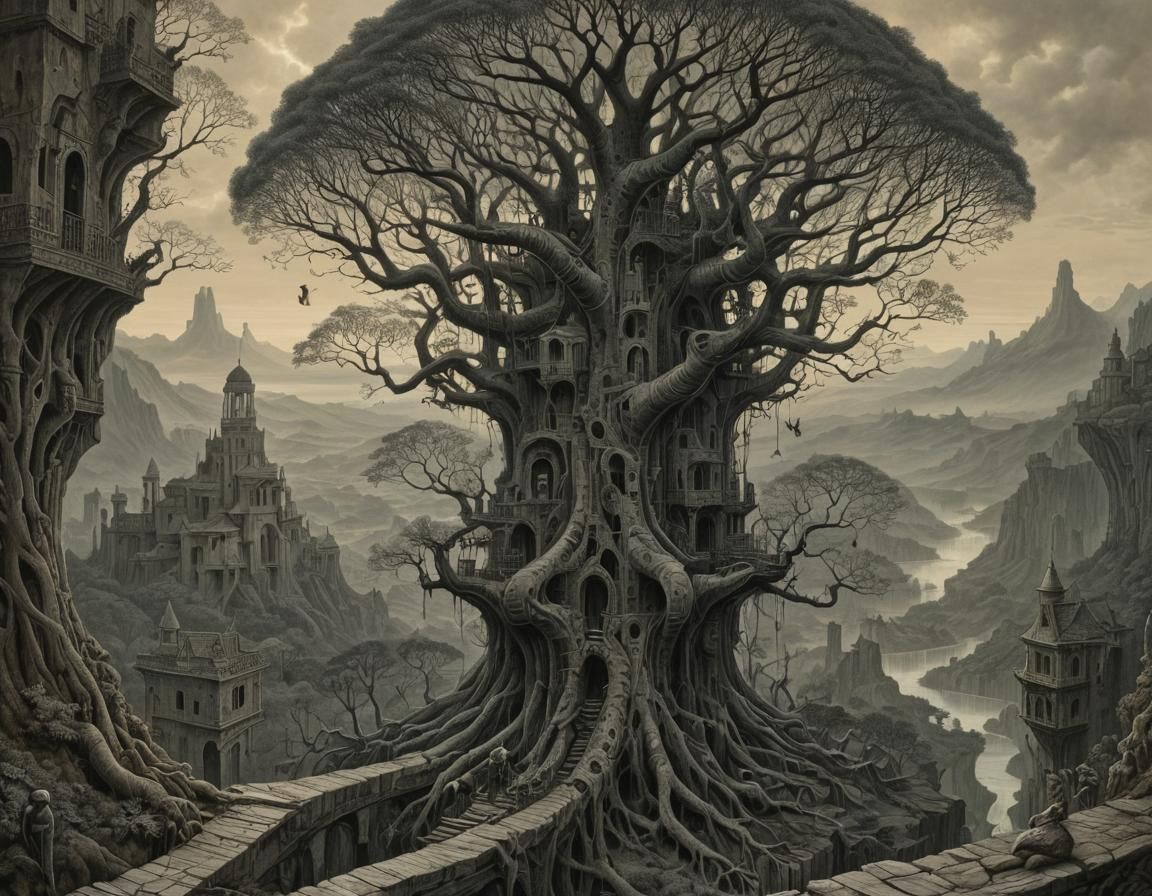 Surreal Tree Structure in Dreamlike Landscape